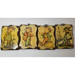 Vintage Hummel Style Wooden Wall Plaques Set of 4